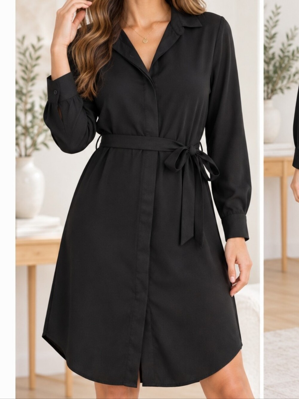 Prologue Black Collared Tie Waist Midi Shirt Dress Size M